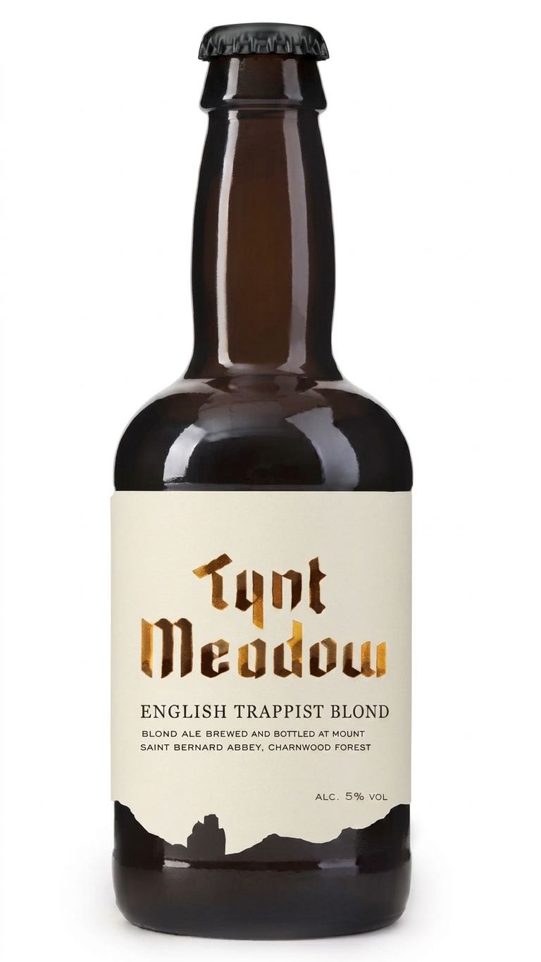 Braune 33cl Flasche Mount St. Bernard Tynt Meadow Englisches Trappistenblond mit cremefarbenem Etikett.