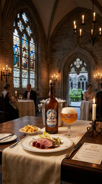 Val Dieu Blonde Bierglas und Flasche mit Wurstplatte auf Holztisch vor buntem Kirchenfenster.