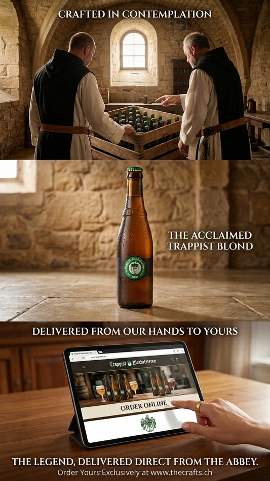 Westvleteren 6 Trappistenbier, Flasche mit eingeschenktem Glas.