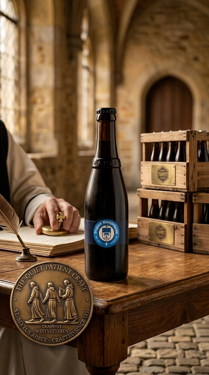 Westvleteren 8 Trappistenbier, Flasche und Glas dekorativ präsentiert für thecrafts.ch.