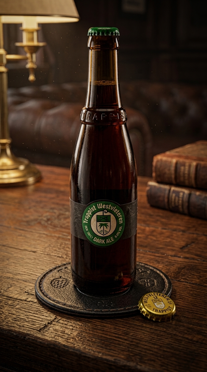 Westvleteren Dunkles Ale (Quadrupel), dekorativ inszeniert auf Holzoberfläche.