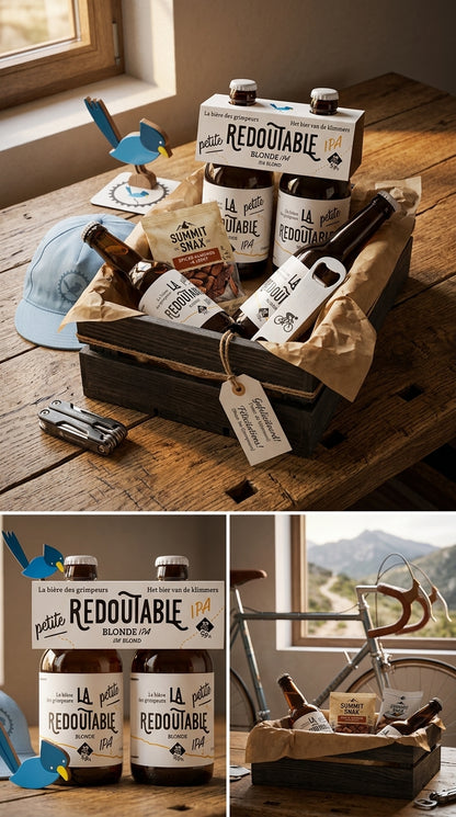 Viererpack La Redoutable IPA Flaschen in minimalistischer weißer Verpackung mit schwarzer Schrift, auf Holztisch mit.
