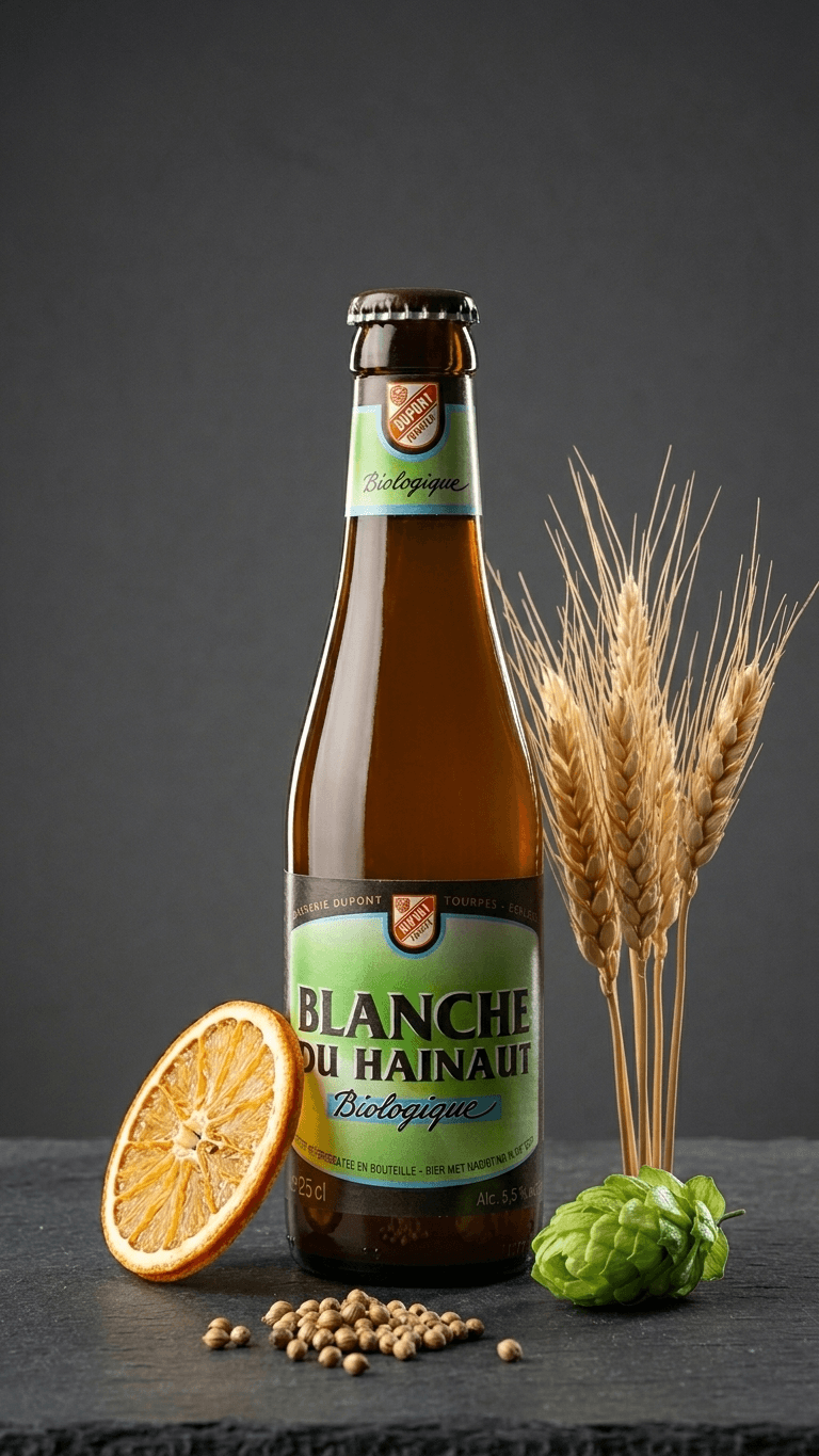 Blanche du Hainaut Biologique Bierflasche 25 cl mit Hopfen, Gerstenähren und Orangenscheibe vor grauem Hintergrund.