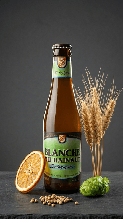 Blanche du Hainaut Biologique Bierflasche 25 cl mit Hopfen, Gerstenähren und Orangenscheibe vor grauem Hintergrund.