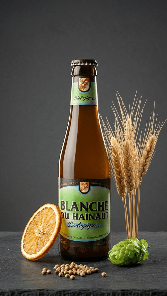 Blanche du Hainaut Biologique Bierflasche 25 cl mit Hopfen, Gerstenähren und Orangenscheibe vor grauem Hintergrund.