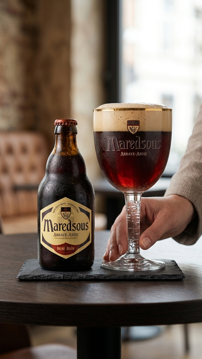 Flasche Maredsous Bruin Abbaye, dunkles Klosterbier mit charakteristischem Etikett.