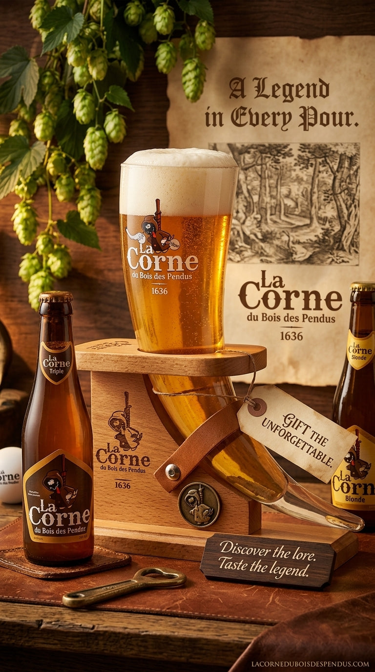 Geschenkbox mit drei Flaschen La Corne Bier, einem gefüllten Bierglas und Holzbox mit Aufdruck.