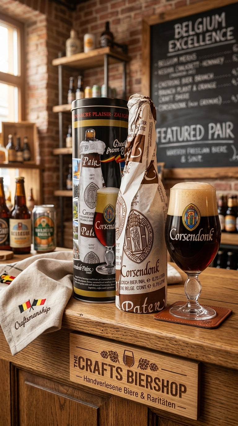CORSENDONK Brune Dubbel Dose, Bierglas mit Schaum, Geschenkbox und Handtuch im rustikalen Brauereiladen.