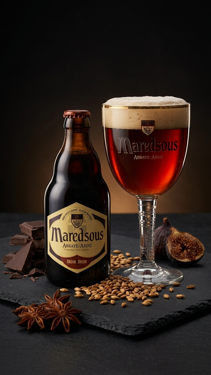 Glas Maredsous Bruin mit dunkelbraunem Bier und dichtem Schaum, Nahaufnahme.
