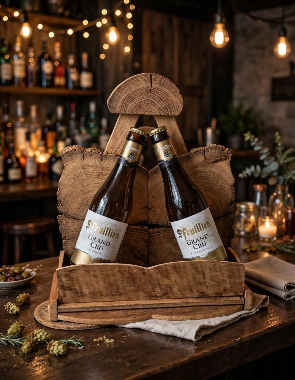 Geschenkset Eichenholz-Bierregal mit 2 × St-Feuillien Grand Cru