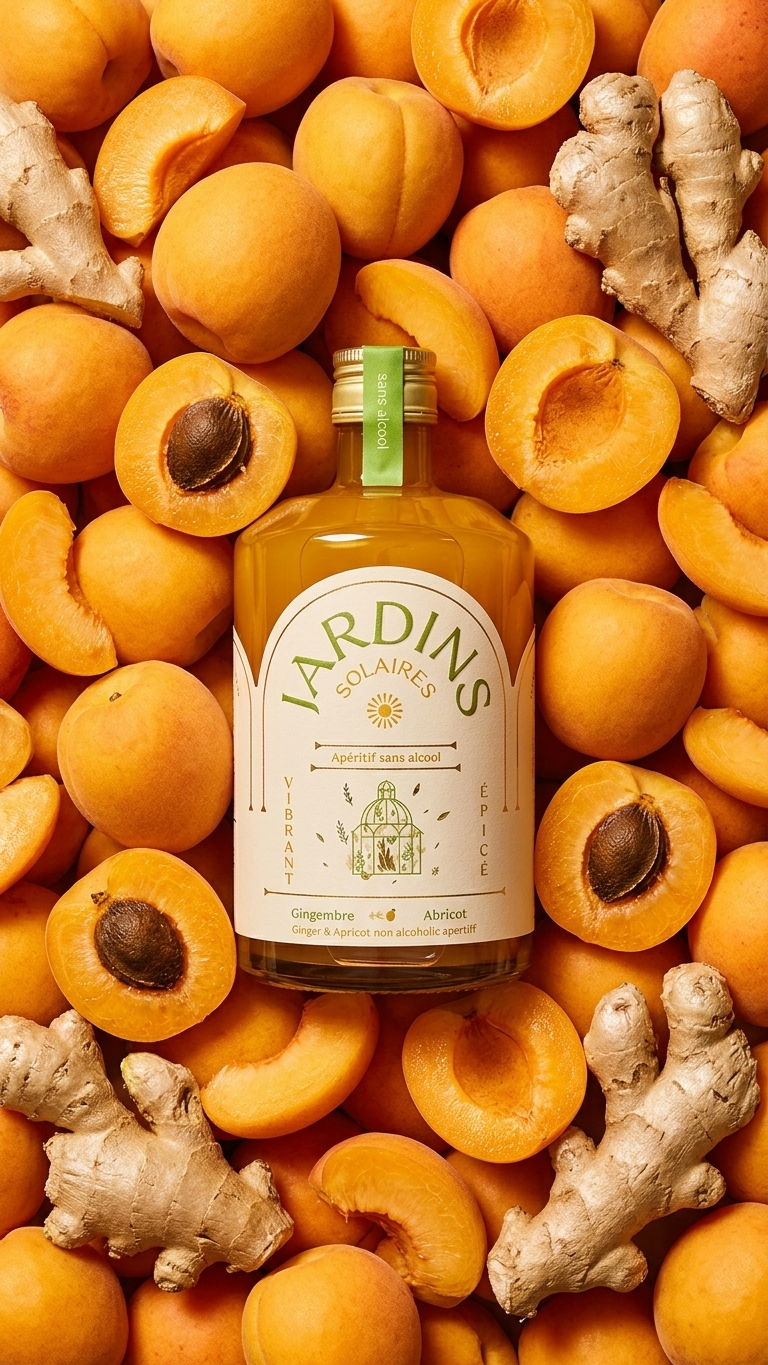 Jardins Solaires alkoholfrei 70cl mit Cocktailglas – Ingwer Aprikose Bio-Apéritif