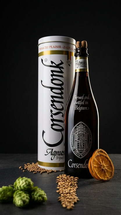 Coresendonk Blonde Tripel Bierflasche mit Geschenkverpackung, Hopfen und Malz auf schwarzem Hintergrund.