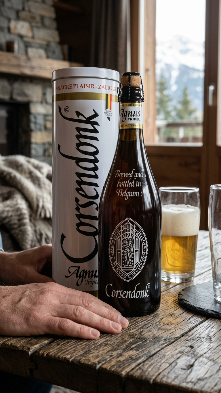 Corsendonk Blonde Tripel Dose und Flasche mit gefülltem Glas auf rustikalem Holztisch vor Fenster mit Bergblick.