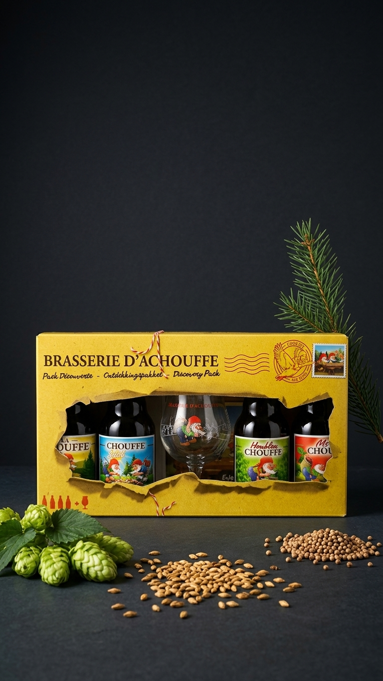 Gelbes LA CHOUFFE Geschenkkarton mit Bierflaschen, Bierglas und dekorativen Hopfen- und Gerstenkörnern.