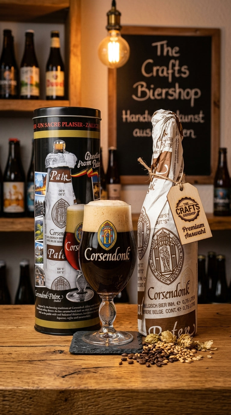 Corsendonk Brune Dubbel Bierflasche mit goldbraunem Bier im Glas, verpackt in Geschenkbox.