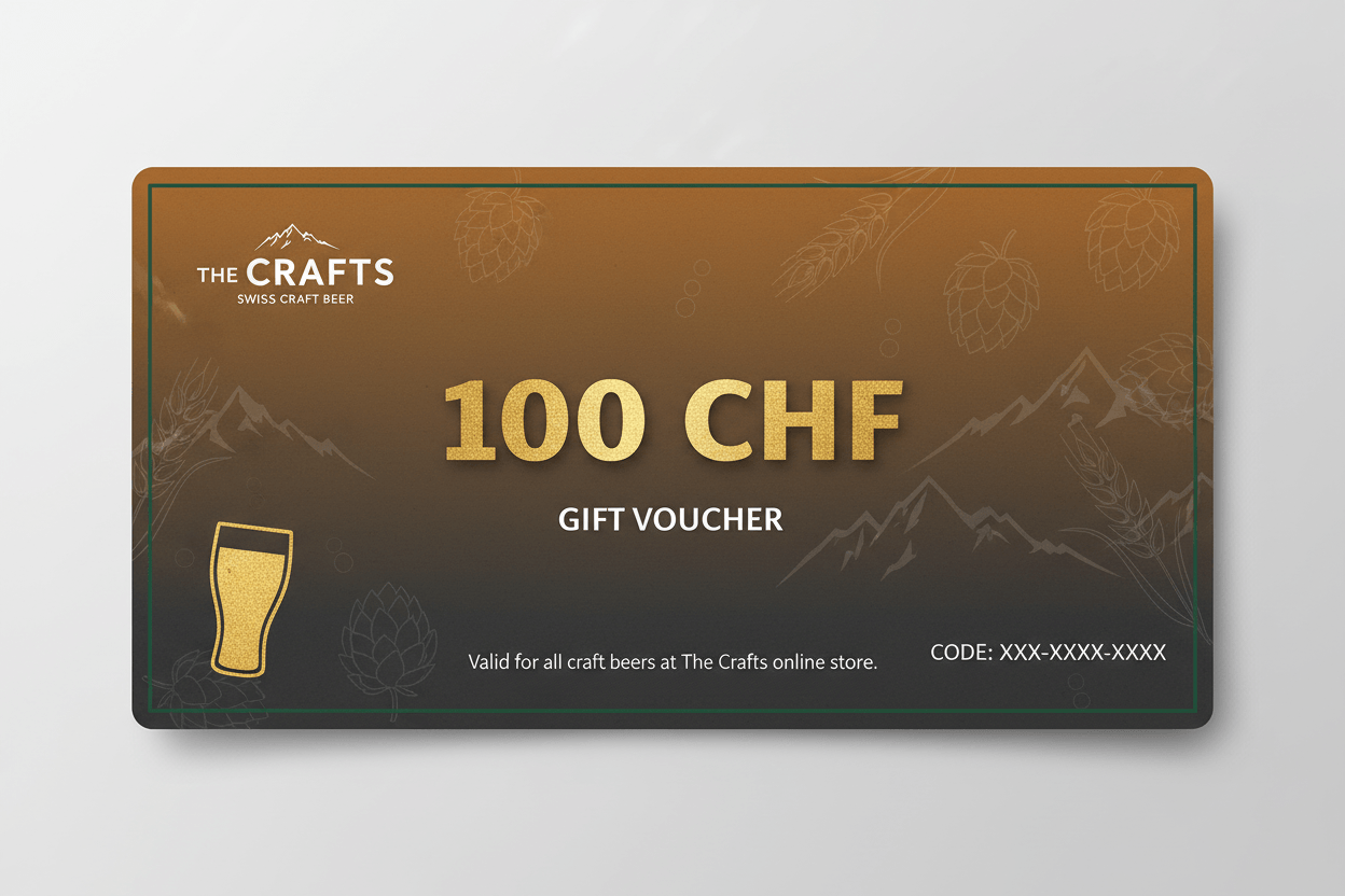 Moderner The Crafts Gutschein mit 100 CHF Wert, braun-schwarzes Design und Bierglas-Symbol.