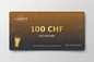 Moderner The Crafts Gutschein mit 100 CHF Wert, braun-schwarzes Design und Bierglas-Symbol.