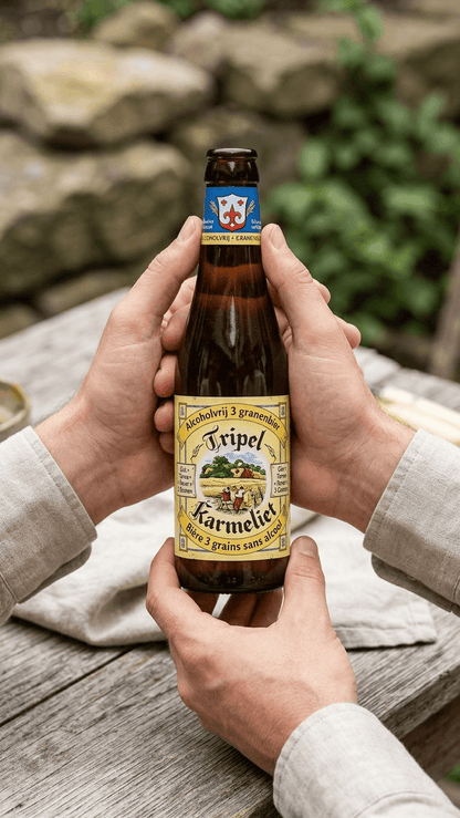 Braune Tripel Karmeliet Alkoholfrei Bierflasche mit gelbem Etikett und blauem Logo in Händen.