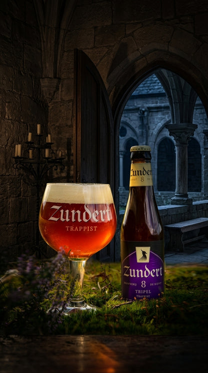 Flasche Trappistenbier Zundert mit gefülltem Weizenglas vor gotischem Bogen im Kerzenschein.